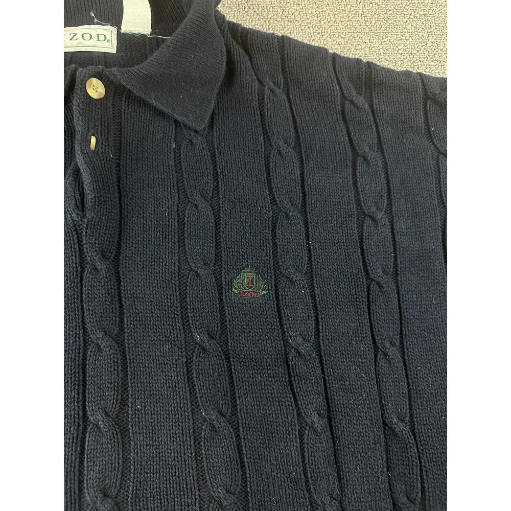 Izod Sweater Men XL Blue Cotton Cable Knit 1/4 Button Embroidered Crest Preppy